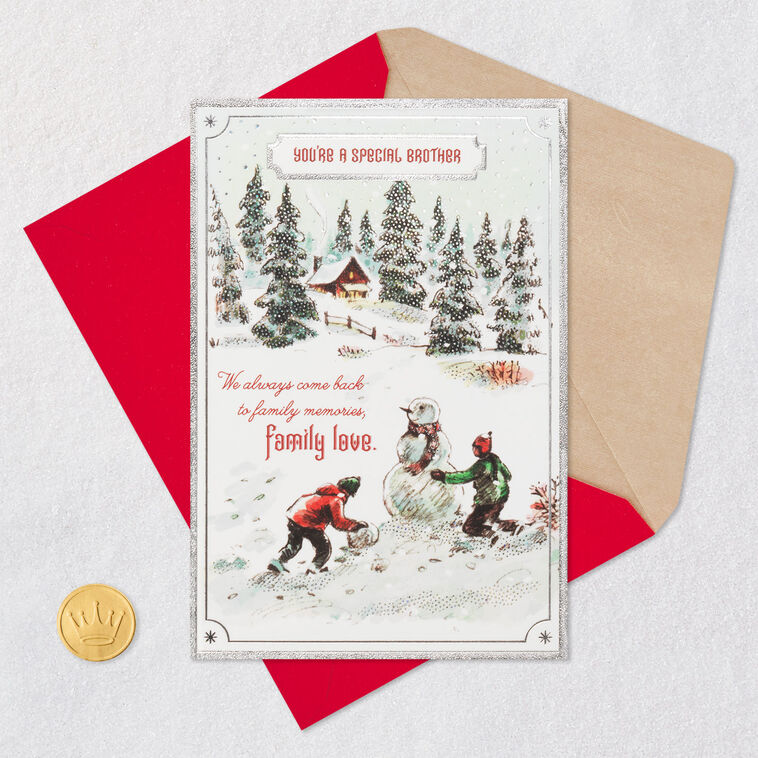 Kids Building Snowman Brother Christmas Card Card Front with Envelope and Gold Seal image number 6