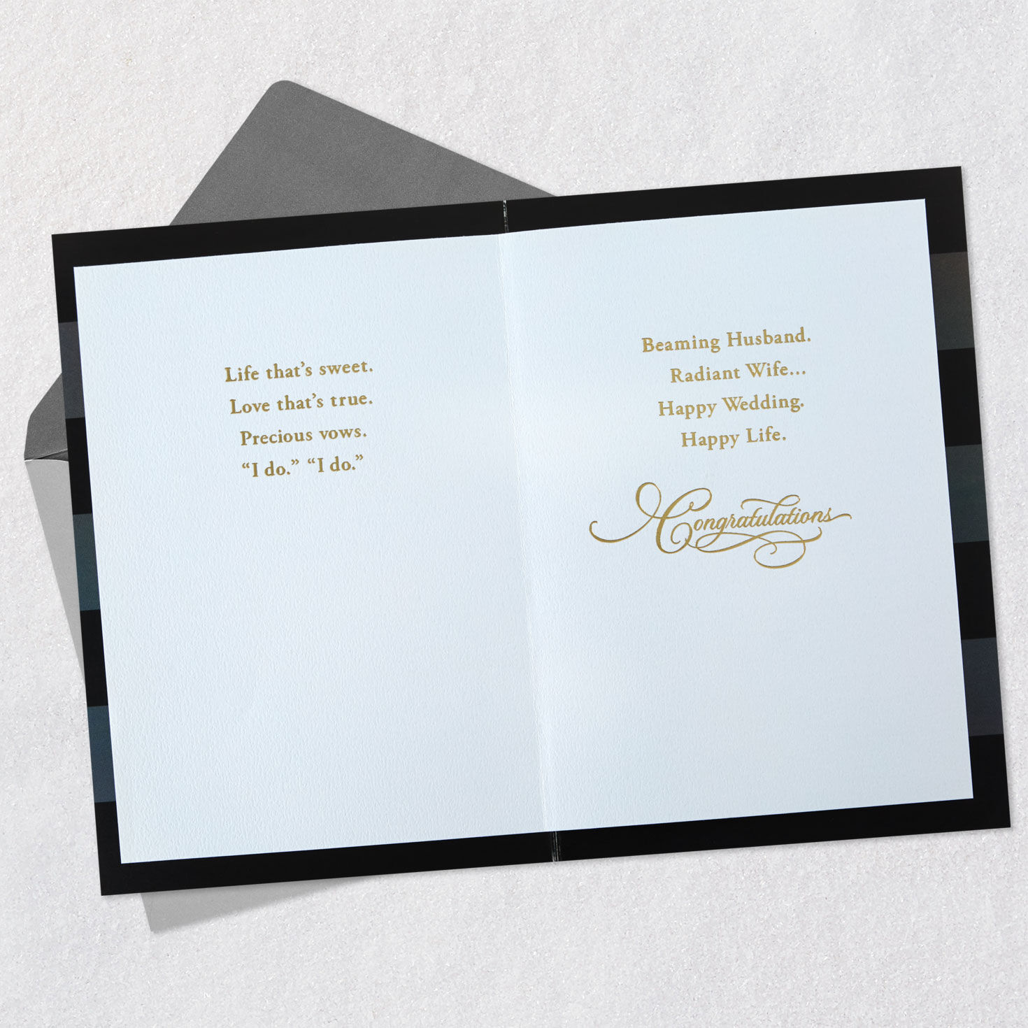 Mr. & Mrs. Diamond Script on Black Wedding Card Open card with envelope image number 4