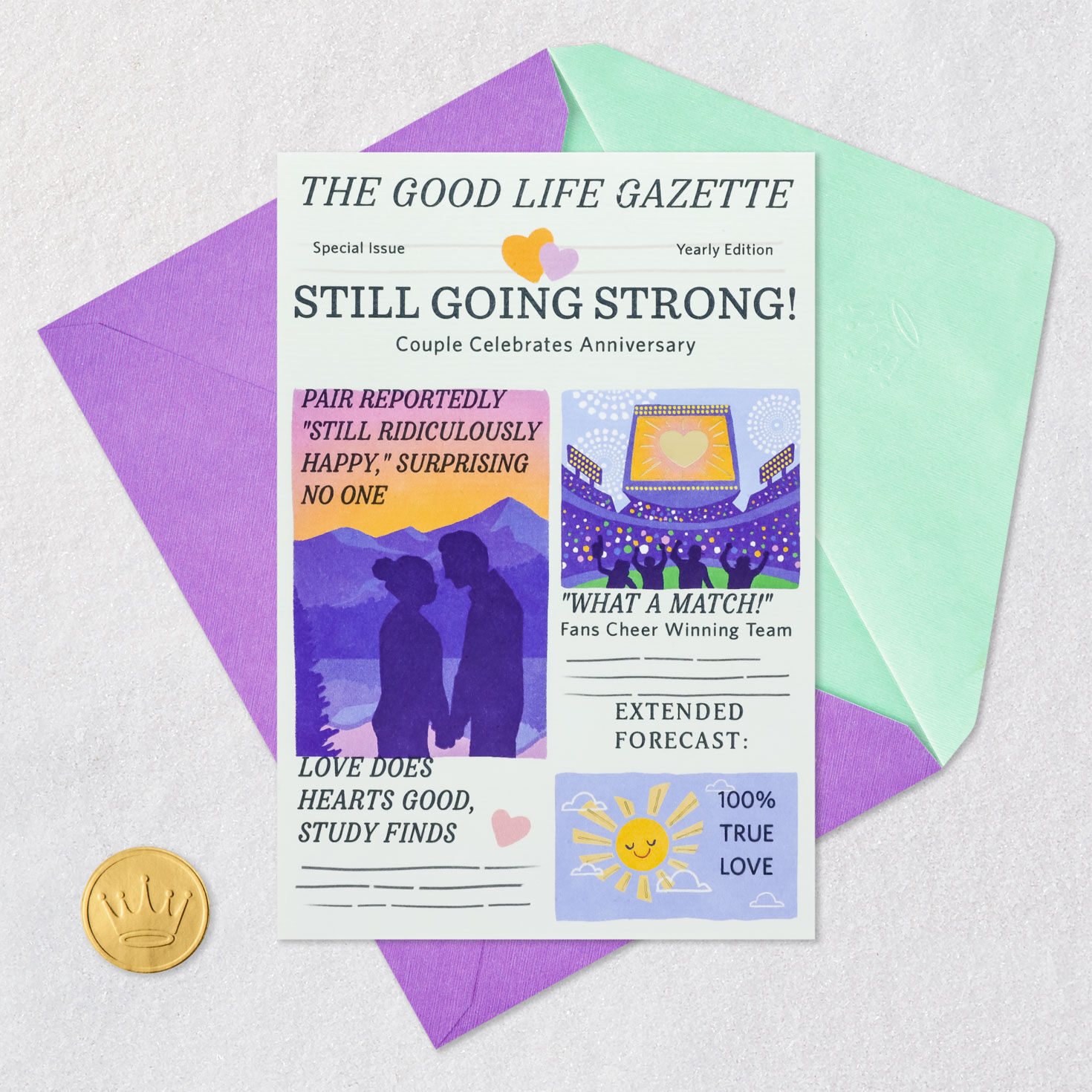 Newspaper Cartoon Anniversary Card Card Front with Envelope and Gold Seal image number 5