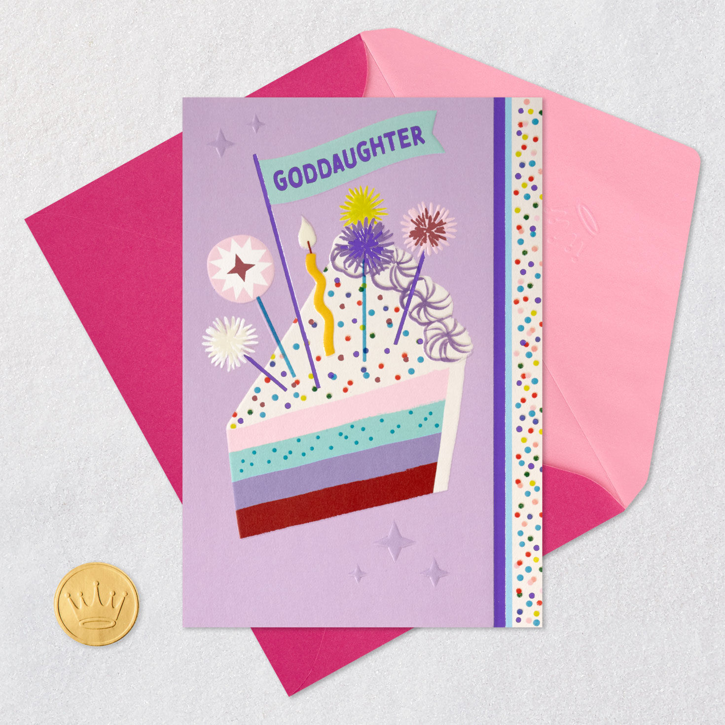 Cake With Candle and Confetti Goddaughter Birthday Card Card Front with Envelope and Gold Seal image number 6