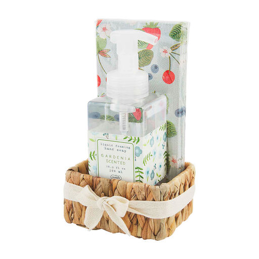 Mud Pie Blue Floral Soap and Paper Guest Towels in Basket, 