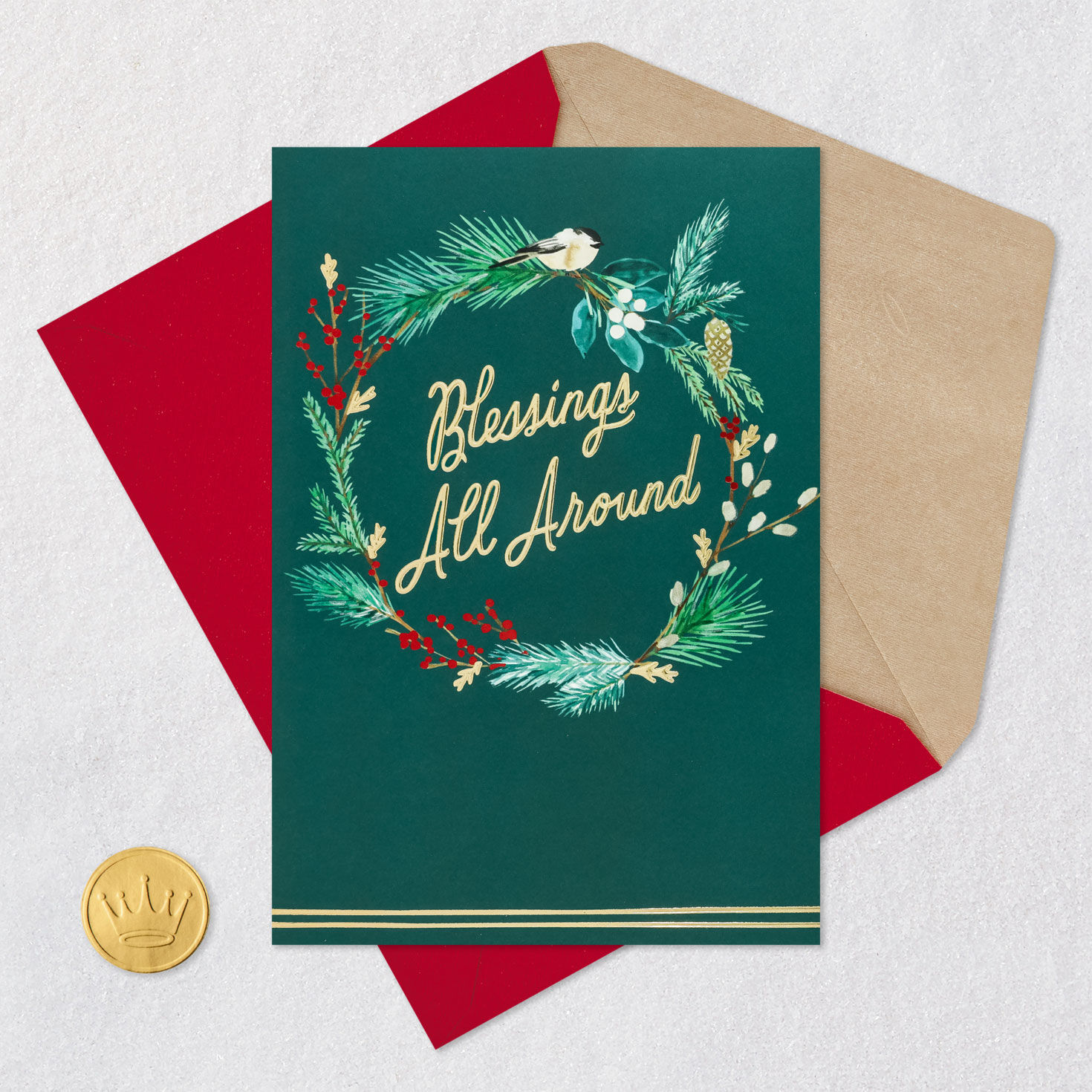 Teal Botanical Wreath Christmas Card Card Front with Envelope and Gold Seal image number 5