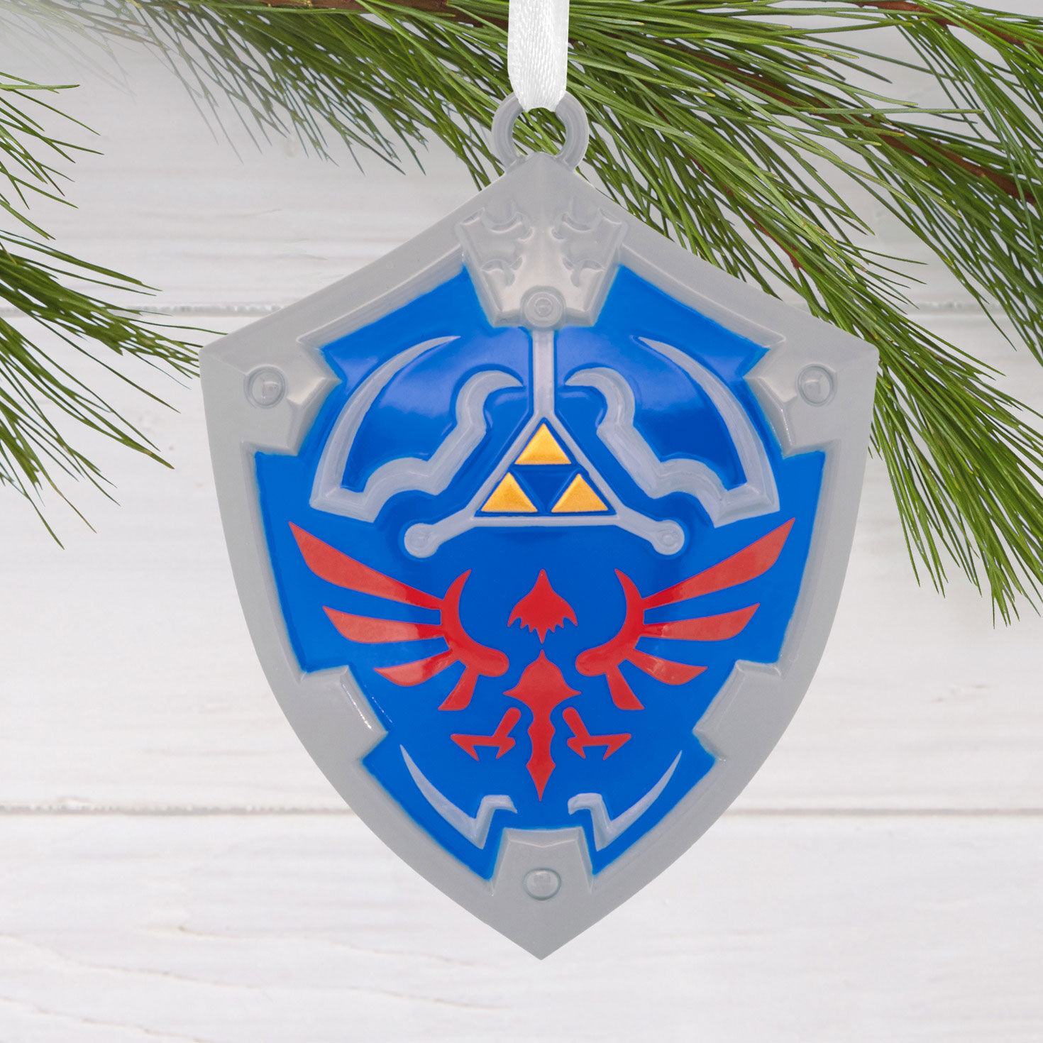 Zelda Blue Shield Christmas Ornament hanging on tree image number 2