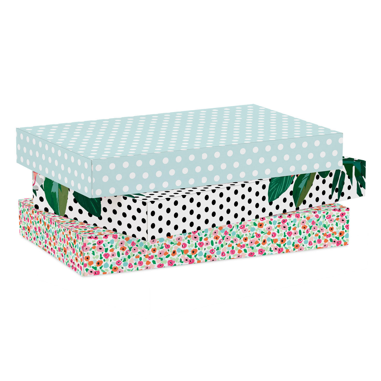 Make her day with this set of three medium-sized gift boxes in an assortment of feminine designs. 2-piece boxes all feature pink bases with polka-dot or floral-patterned tops.  image number 2