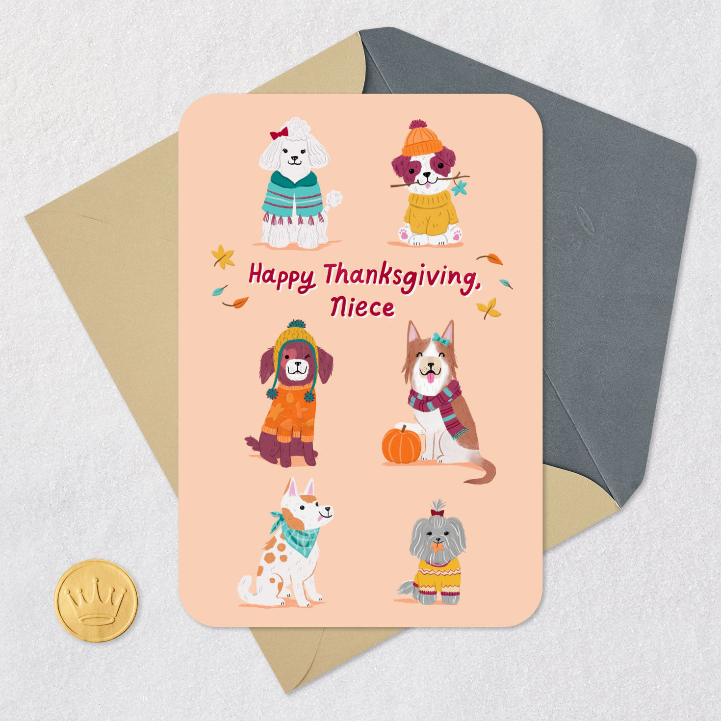 Cute Pups in Hats Peach Thanksgiving Card for Niece Card Front with Envelope and Gold Seal image number 5