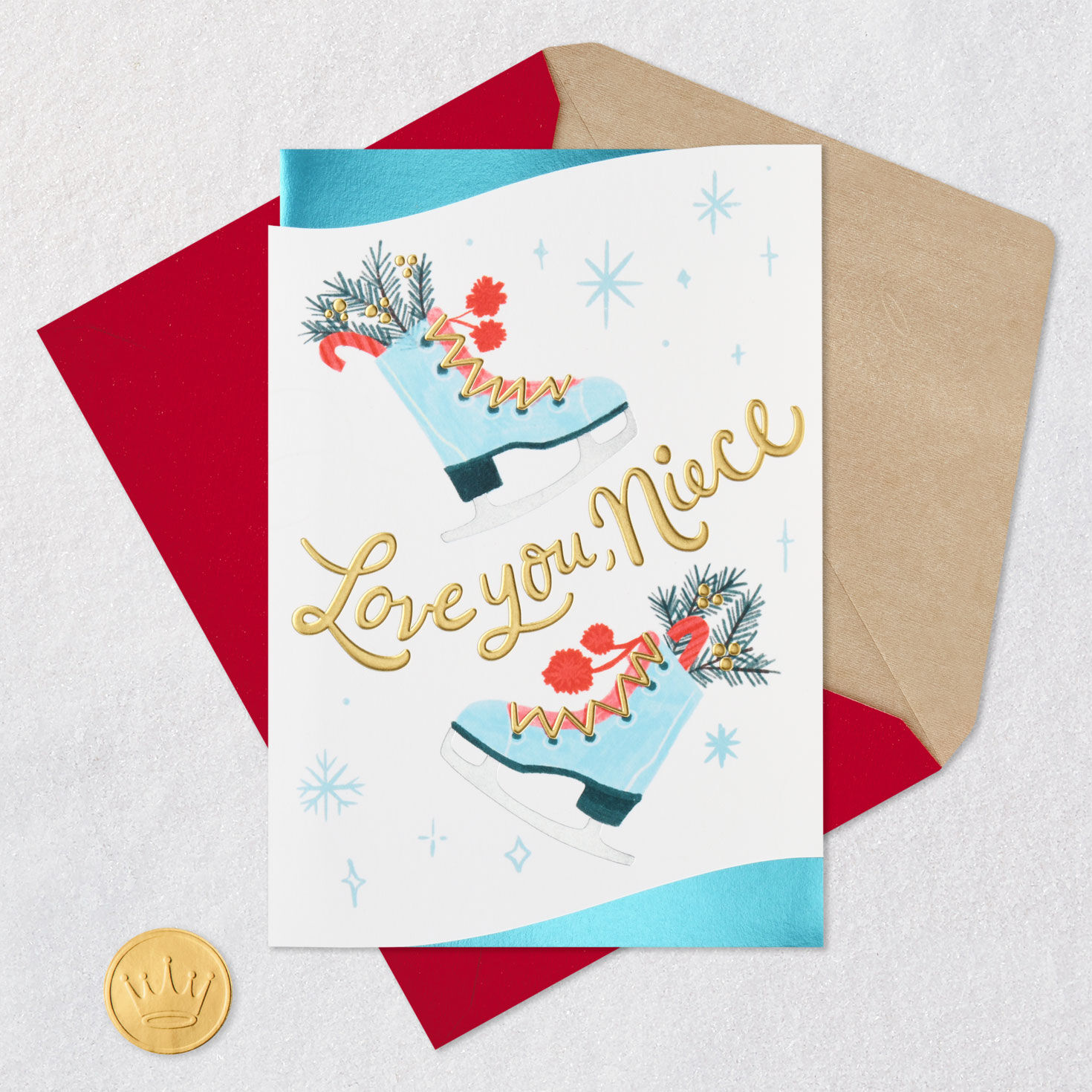 Ice Skates and Snowflakes Niece Holiday Card Card Front with Envelope and Gold Seal image number 5