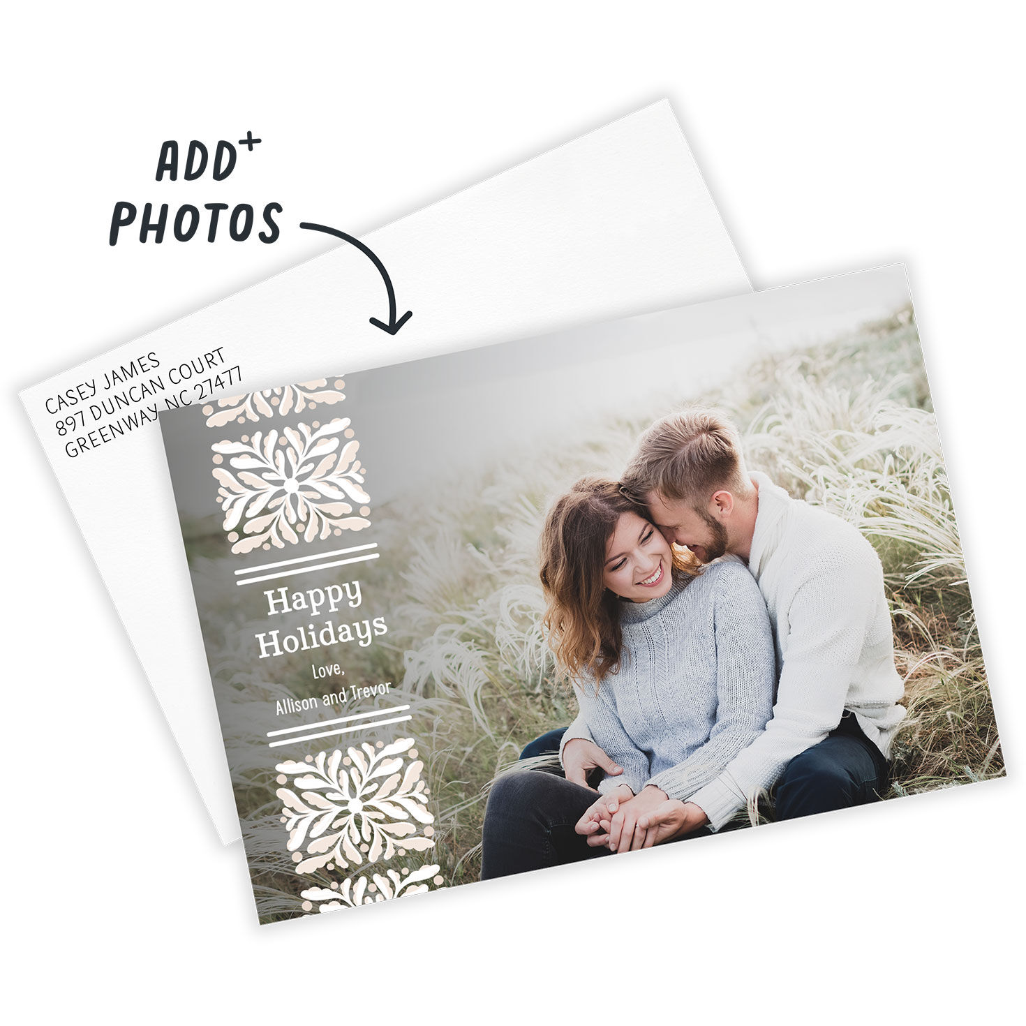 Stamped Border Personalized Holiday Photo Card Card Front indicating personalization image number 2