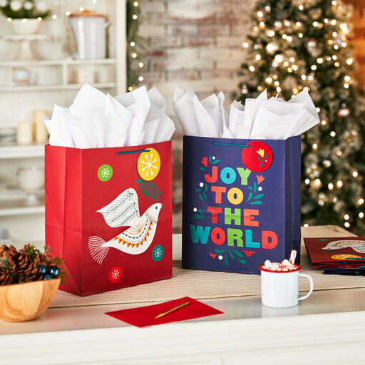 13" Dove and Joy Lettering 4-Pack Large Christmas Gift Bags, 