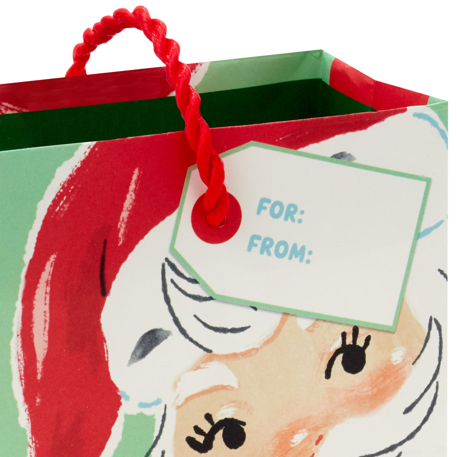 Smiling Santa on Green Christmas Gift Card Bag Handle Detail image number 4