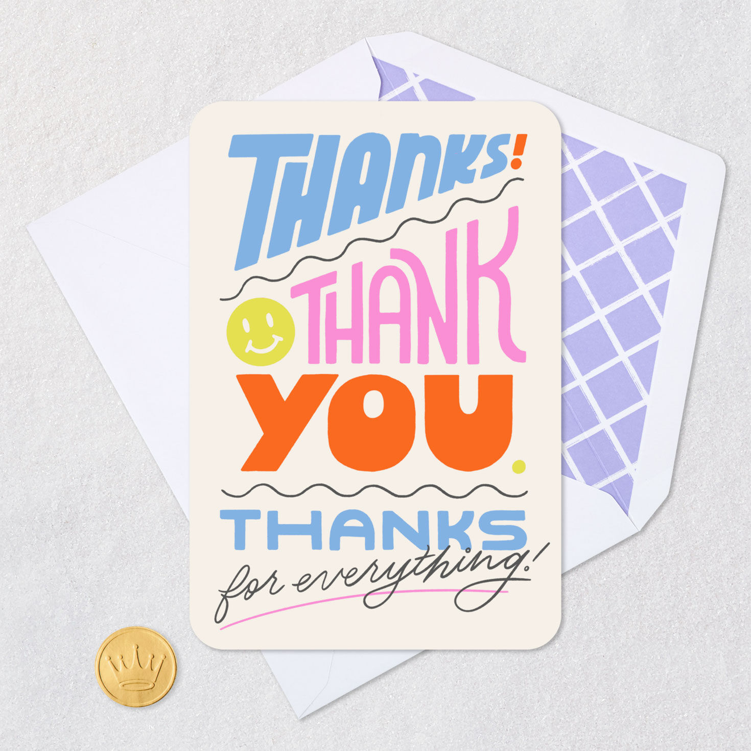 Pink, Orange and Blue Typography Blank Thank You Card Card Front with Envelope and Gold Seal image number 4