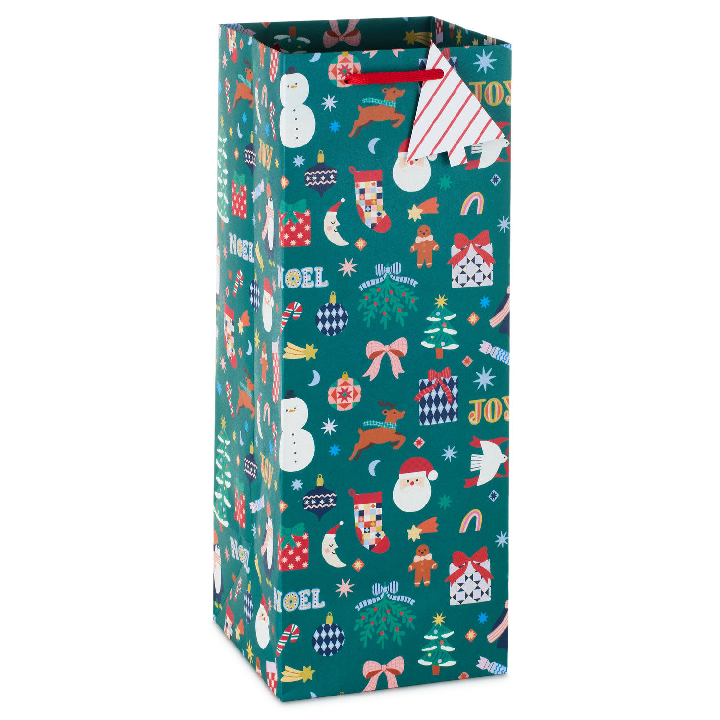 14" Cute Icons on Green Large Christmas Wine Gift Bag With Gift Tag