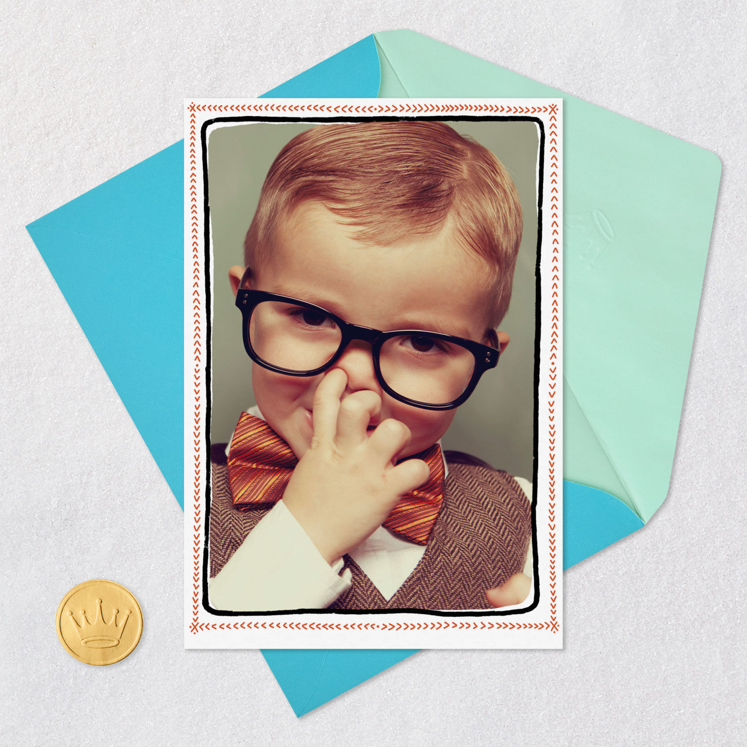 Nose-Picking Kid in Glasses Funny Birthday Card Card Front with Envelope and Gold Seal image number 5