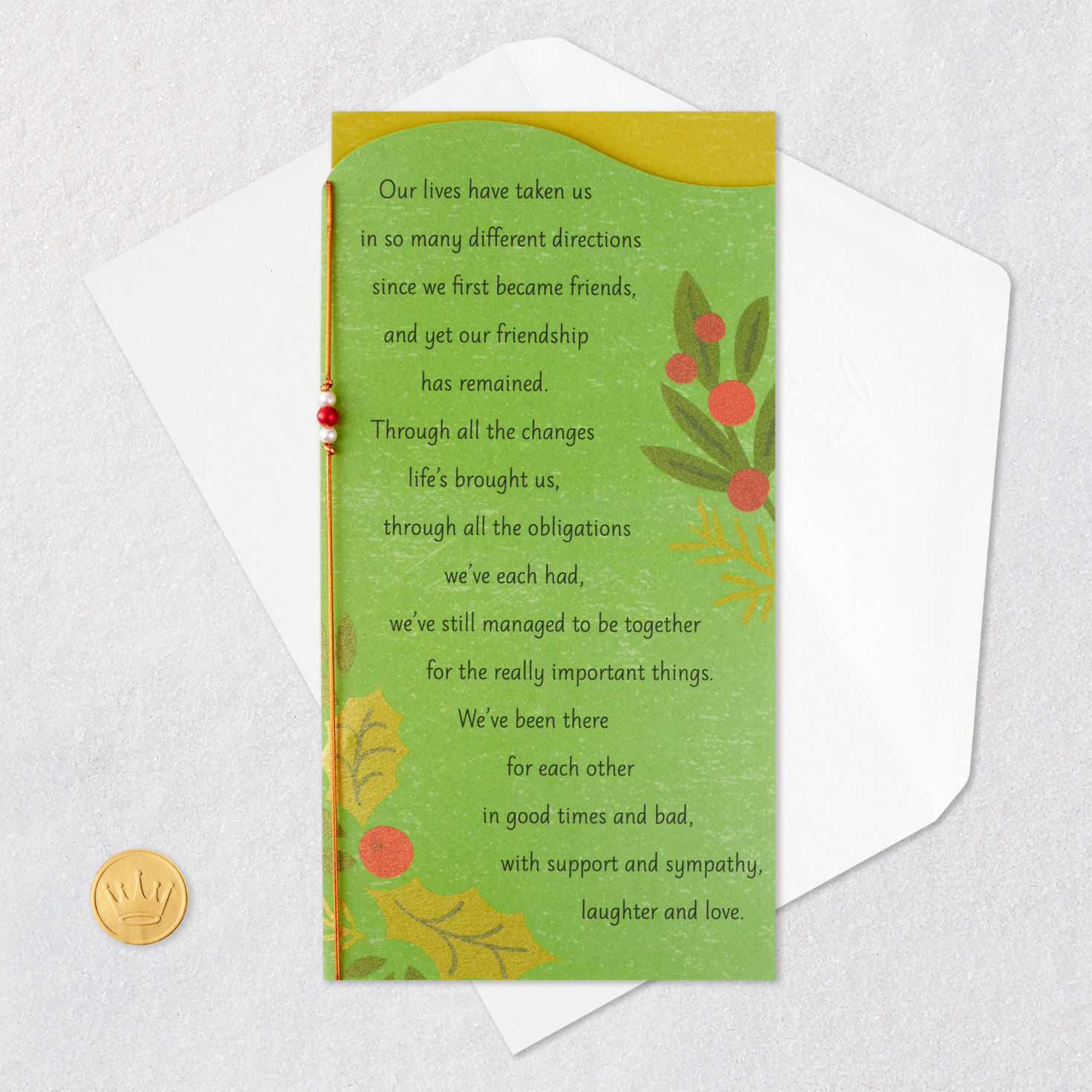 Holly on Green Friend Christmas Card Card Front with Envelope and Gold Seal image number 6