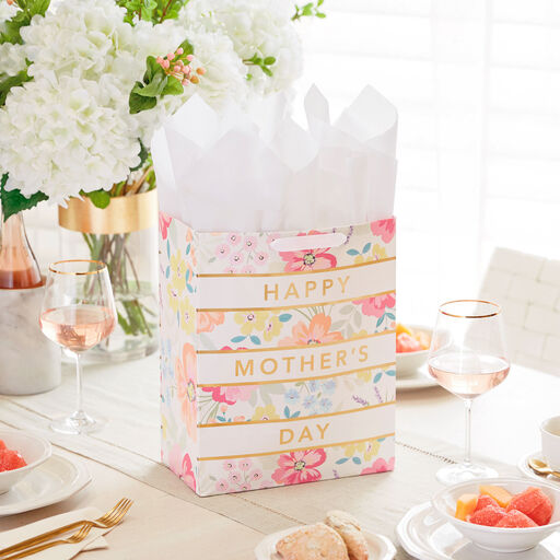 13" Floral Stripe Large Mother's Day Gift Bag With Tissue, 