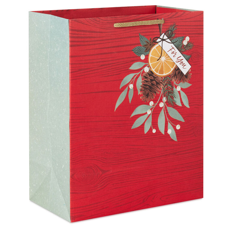 9.6" Pinecones and Mistletoe on Red Medium Holiday Gift Bag