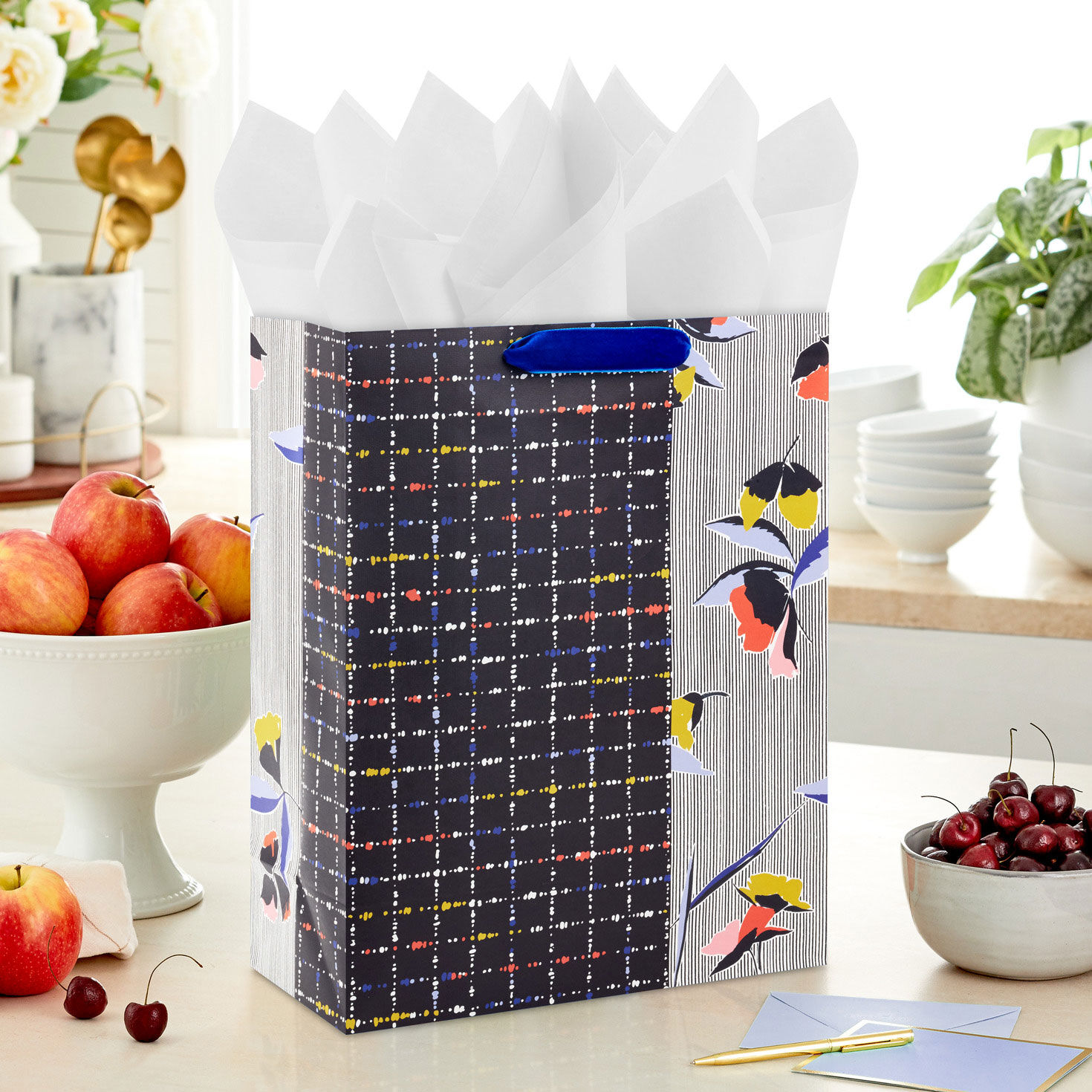 Retro Black Grid and Florals XL Gift Bag in use image number 2