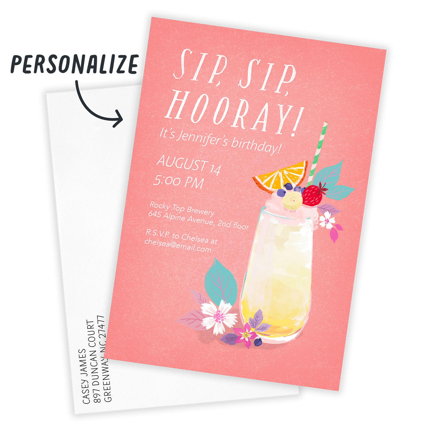 Fruity Drink on Pink Personalized Party Invitation Card Front indicating personalization image number 2