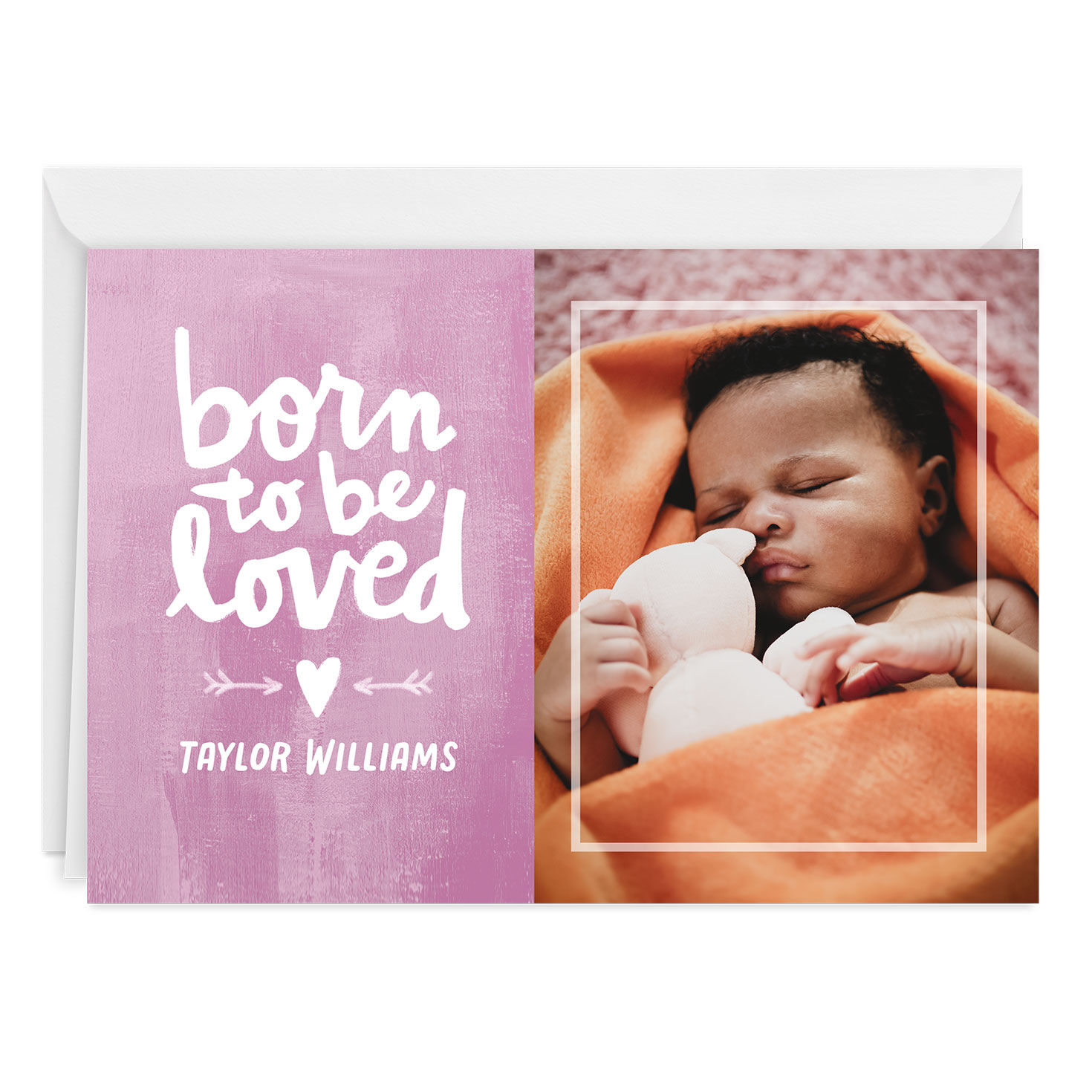 Personalized Born to Be Loved Pink New Baby Photo Card