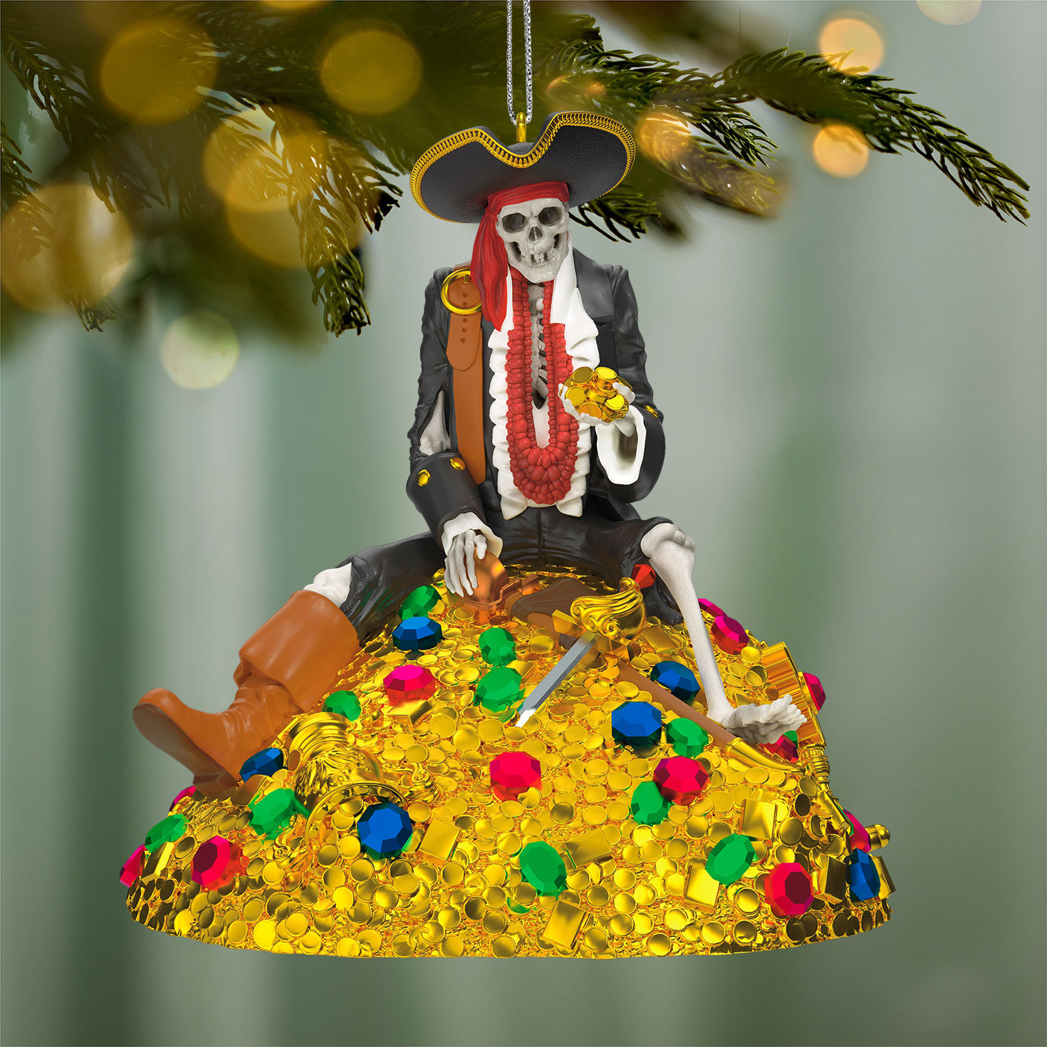 Pirates of Caribbean Skeleton on Gold Ornament hanging on tree image number 2