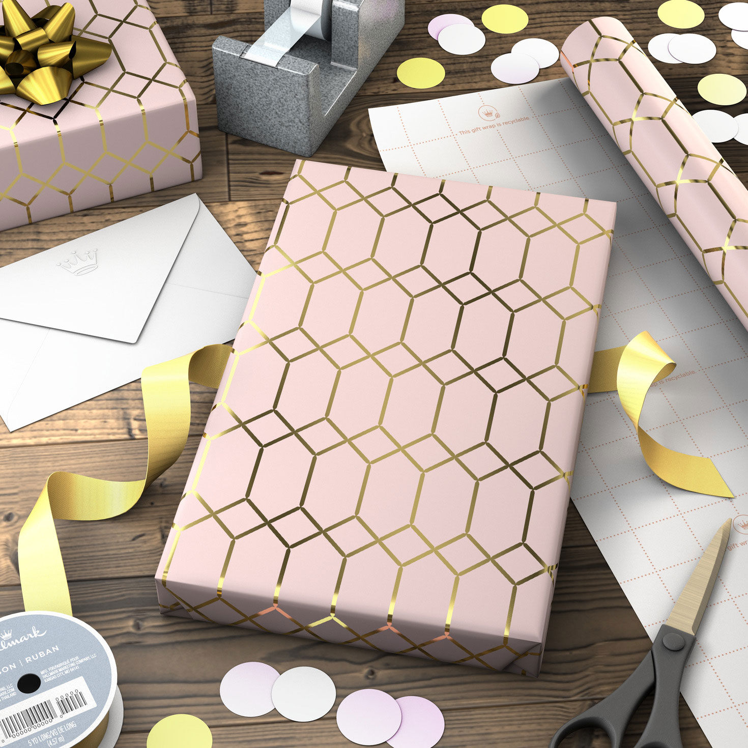 Gold Diamonds and Hexies on Pale Pink Gift Wrap Wrapped package image number 3