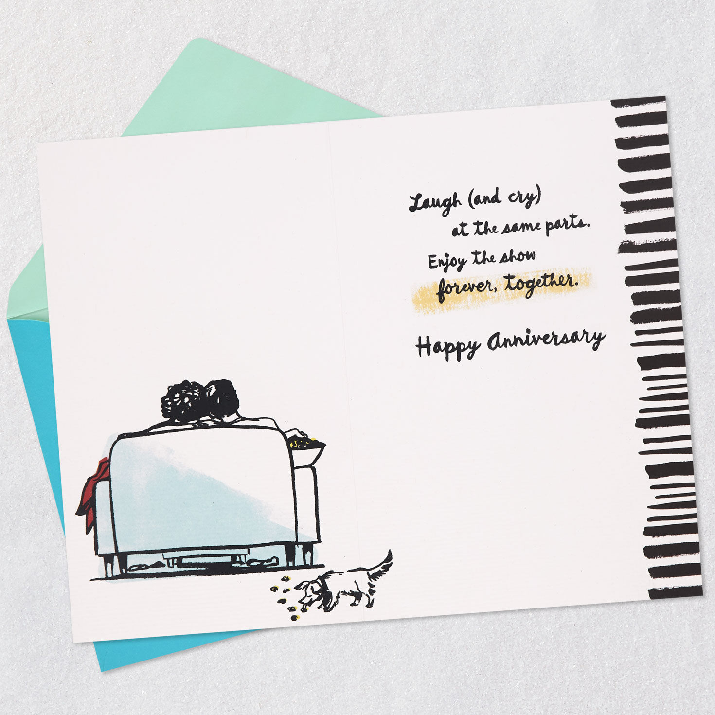 Couple Watching a Show on Couch Anniversary Card Open card with envelope image number 3