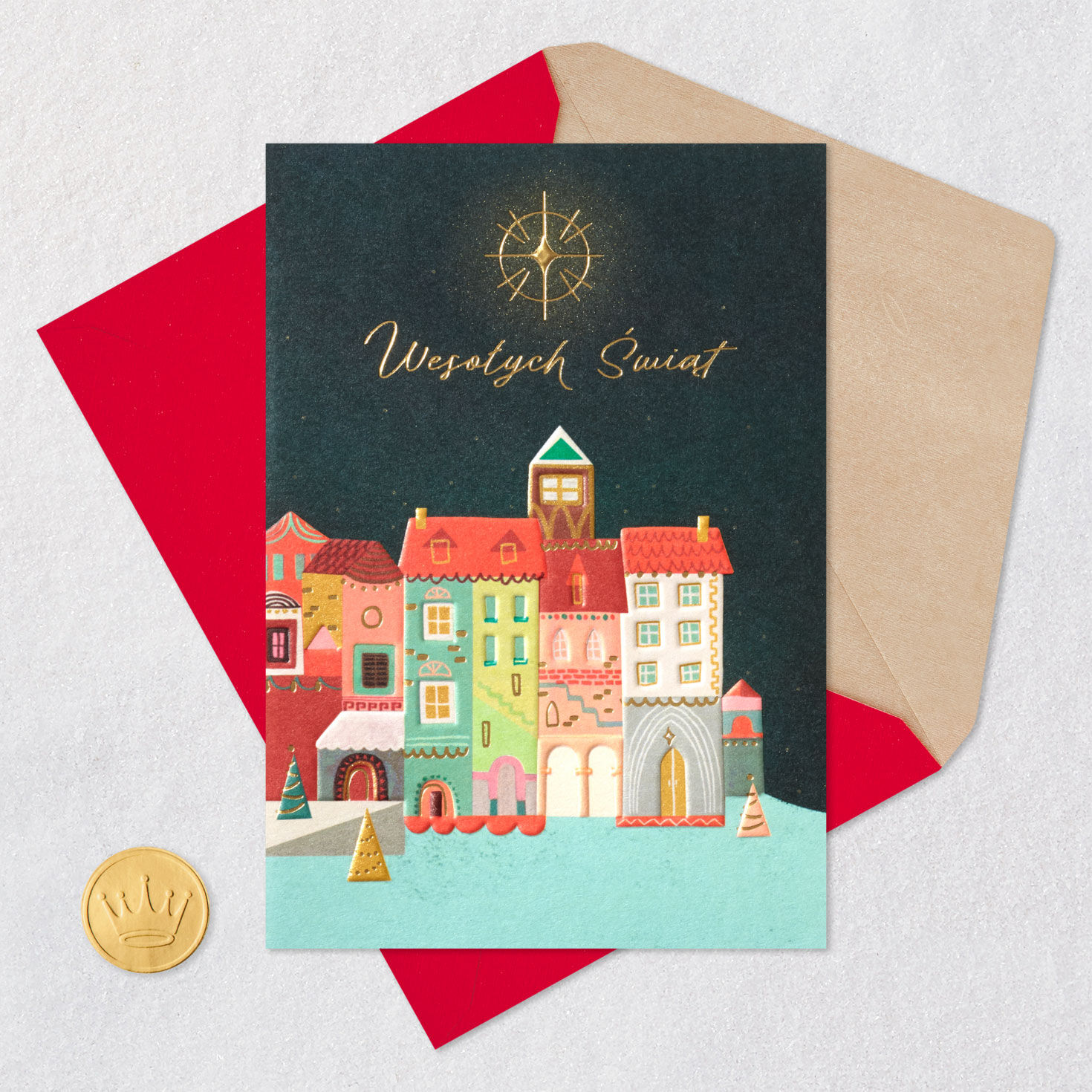 Pastel Town Scene Polish Christmas Card Card Front with Envelope and Gold Seal image number 6