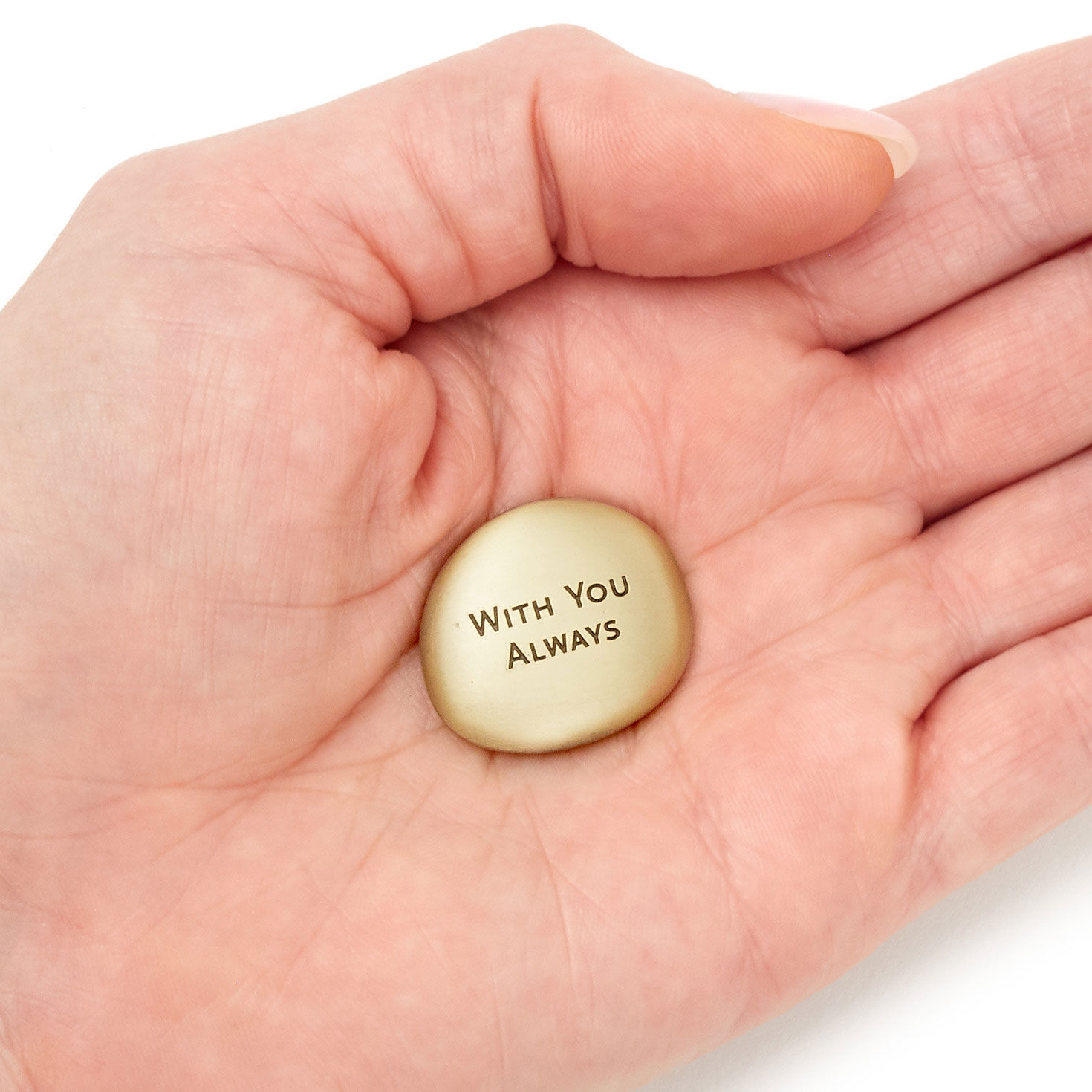 Bronzed Metal Worry Stone With Engraved Message item on hand image number 3