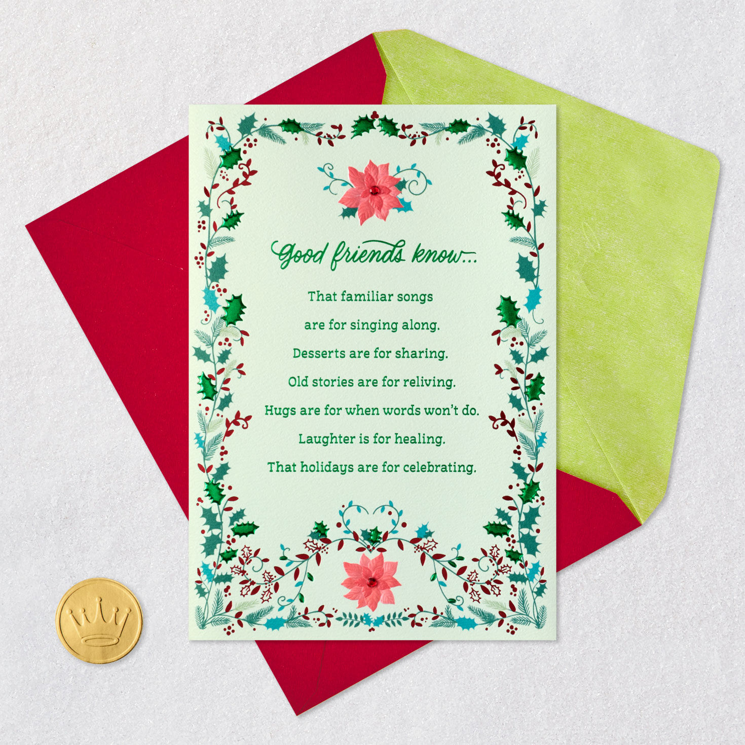 Vintage Holly and Ivy with Poinsettia Friend Christmas Card Card Front with Envelope and Gold Seal image number 6