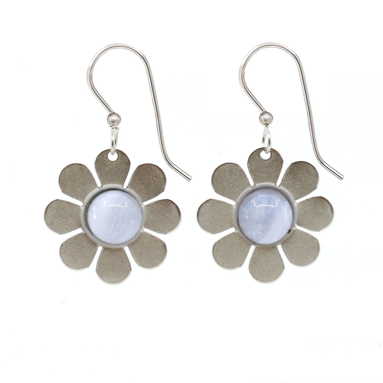 Silver Forest Silver Metal Daisy With Blue Lace Agate Drop Earrings