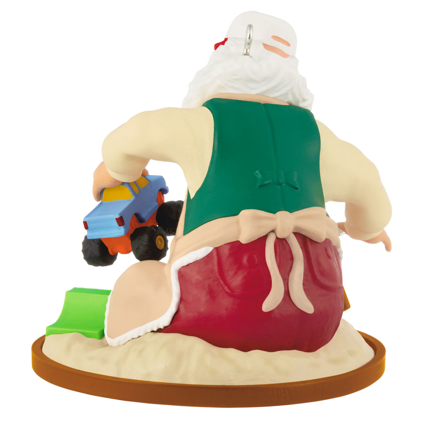 Santa Playing Trucks in Sand Box Keepsake Ornament Back image number 6