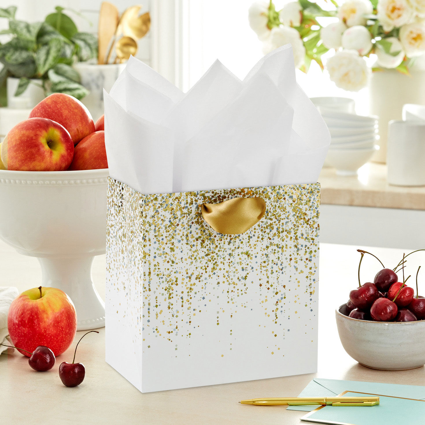 Gold Confetti Designs on White Medium Gift Bag in use image number 2