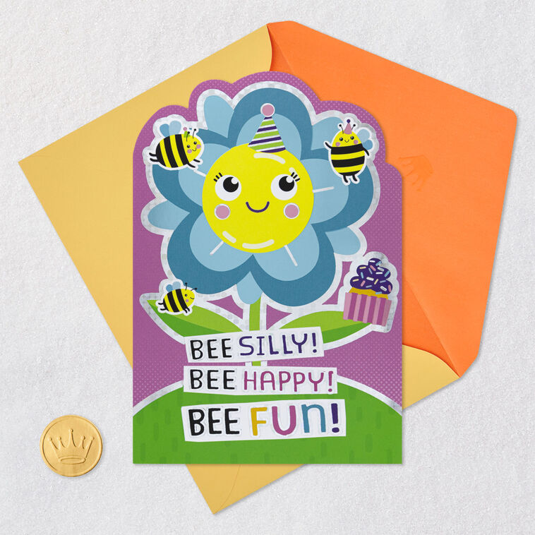 Smiling Flower and Bees Kids Birthday Card Card Front with Envelope and Gold Seal image number 5
