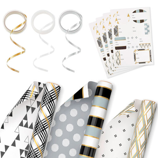Mod Patterns 3-Pack Wrapping Paper, Ribbon and Sticker Tags, 