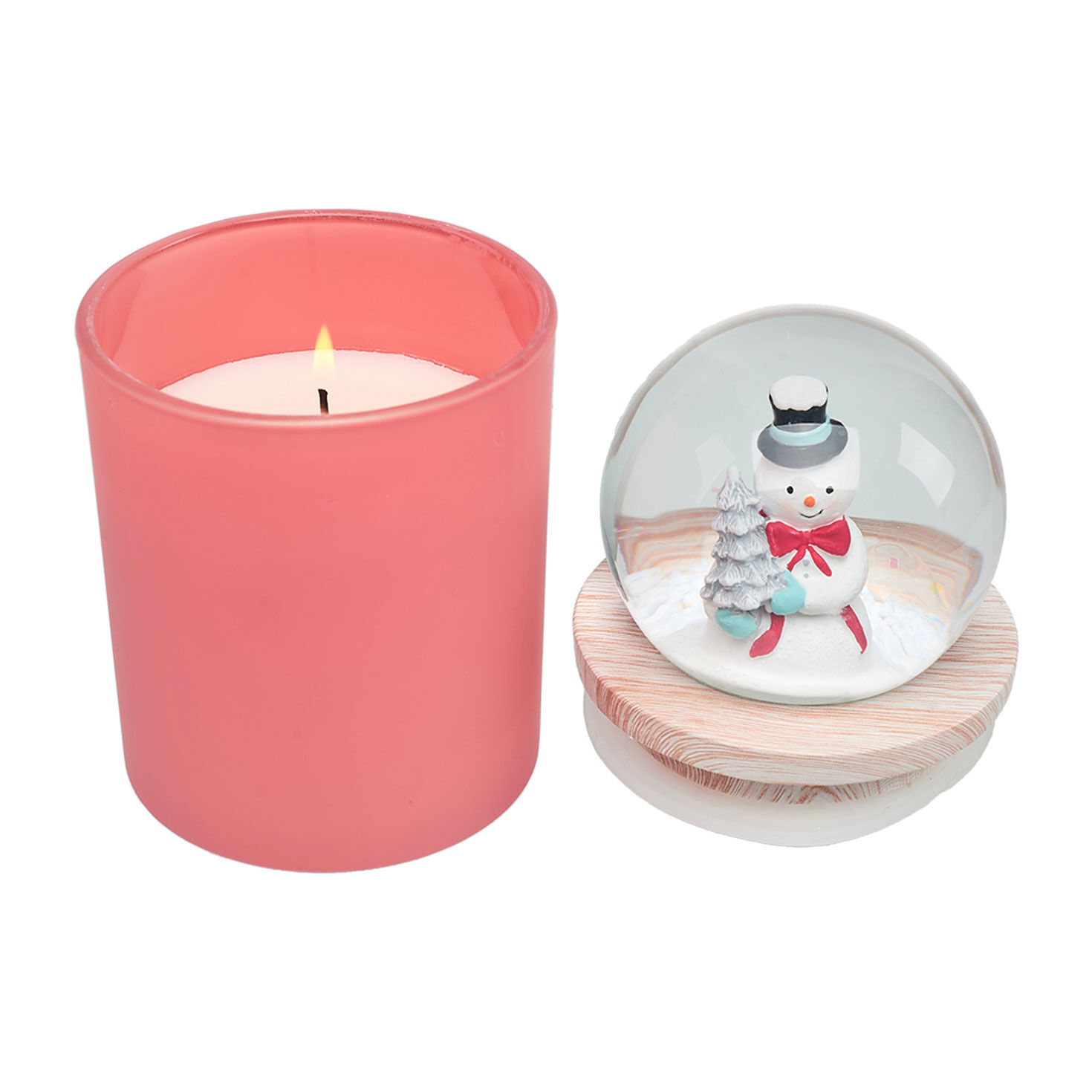 Pink Sugar Cookie Candle With Snowman Snow Globe lid off lit image number 2