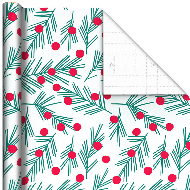 Pine and Berries on White Christmas Wrapping Paper, 20 sq. ft.