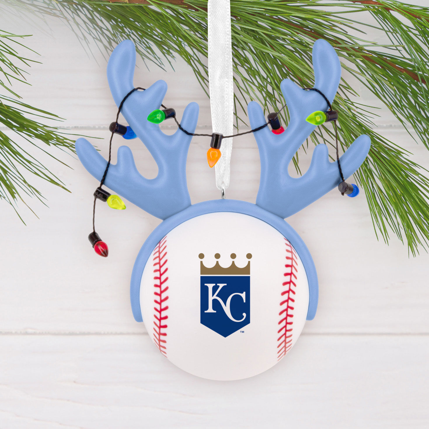 Royals Reindeer Baseball Christmas Ornament hanging on tree image number 2