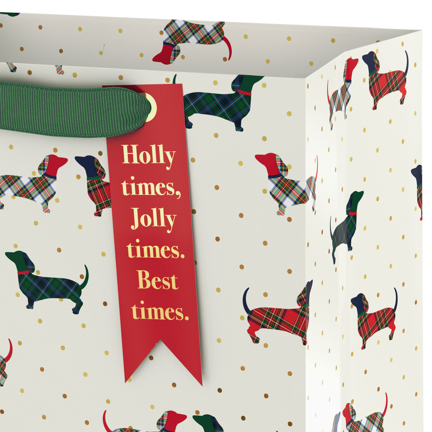Plaid Dachshunds on Ivory Christmas Gift Bag Handle Detail image number 4