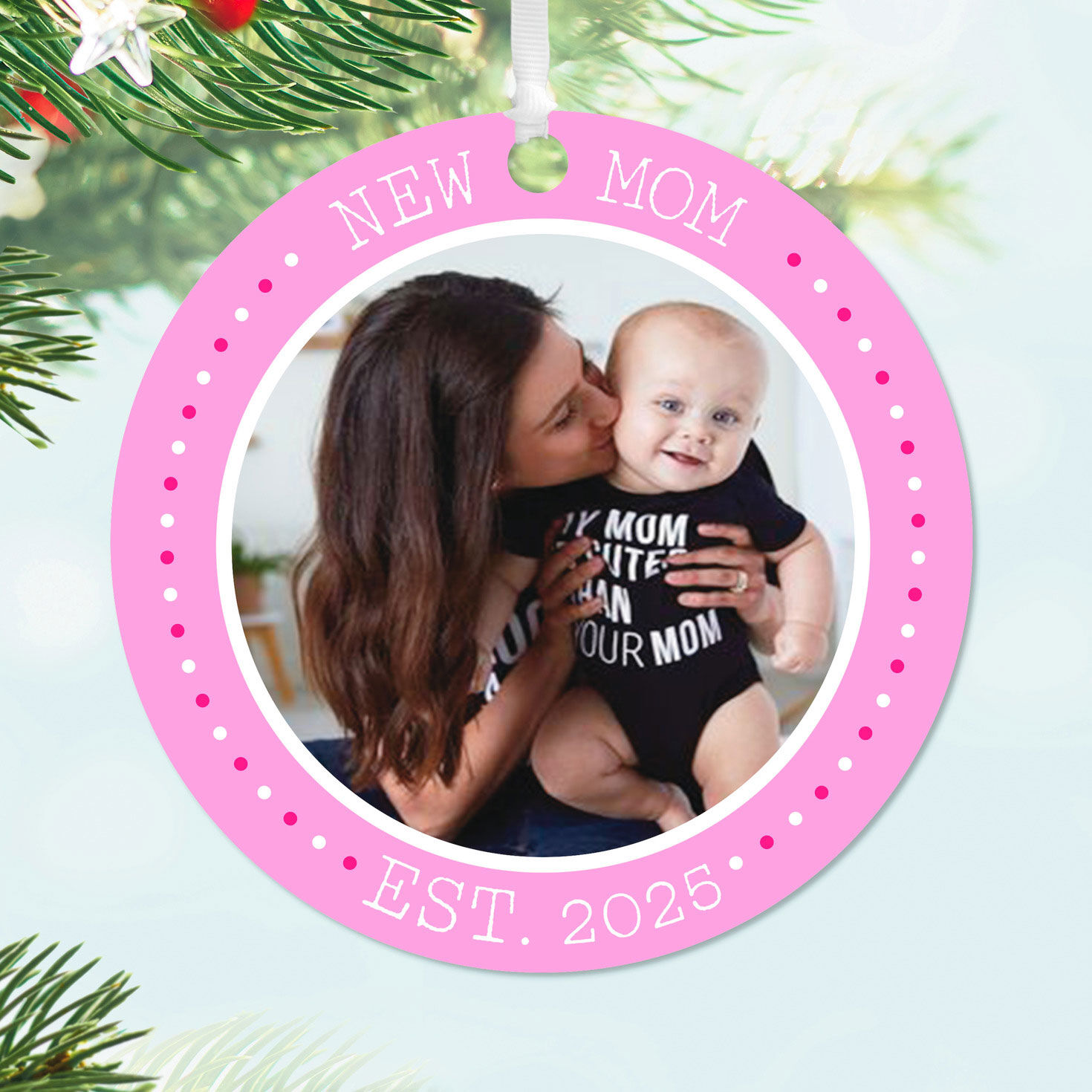 New Mom Round Metal Personalized Ornament, Custom Photo and Text, , large image number 2