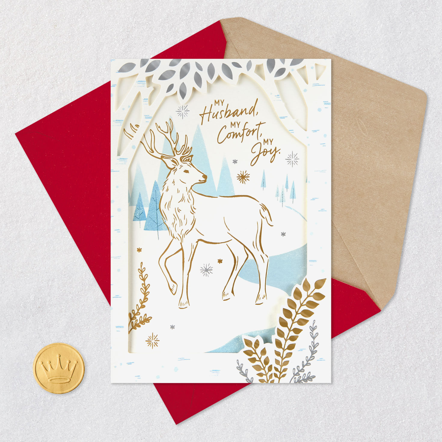 Buck Deer in Woods Husband Christmas Card Card Front with Envelope and Gold Seal image number 7