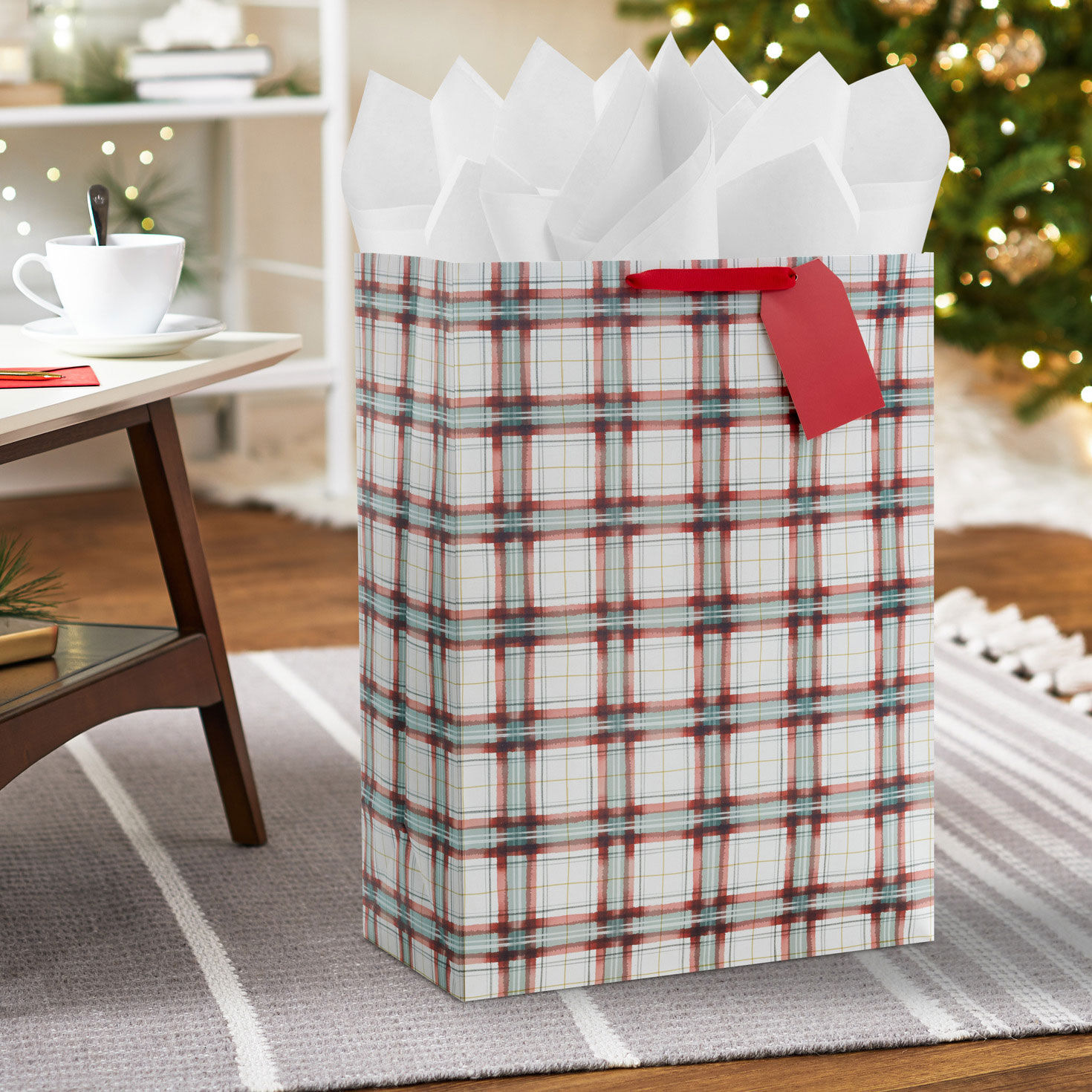 Farmhouse Plaid on White Jumbo Christmas Gift Bag In use image number 2