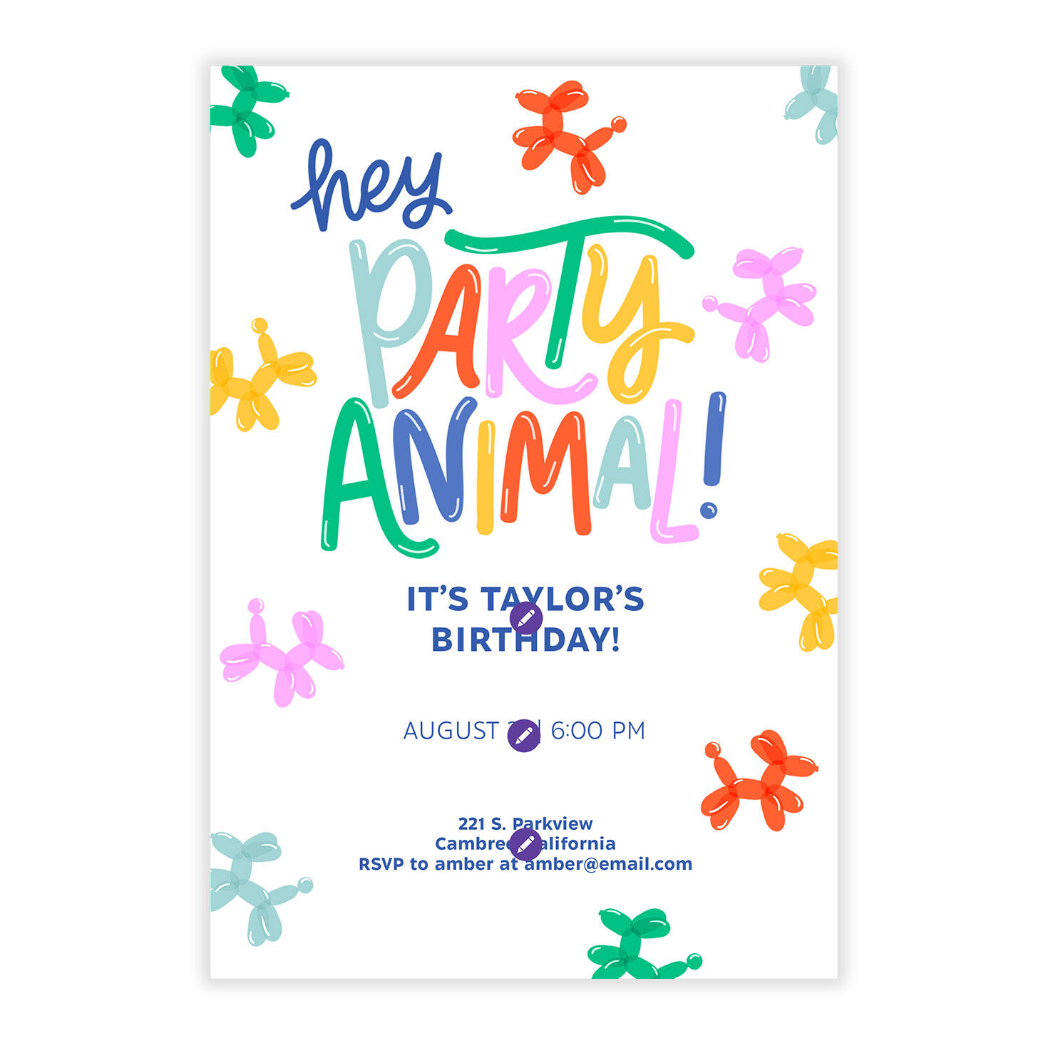Balloon Animals and Letters Personalized Invitation front image number 5