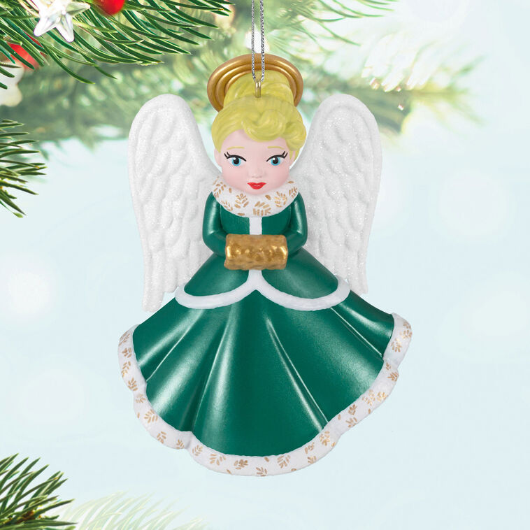 Angel in Green Dress With Muff Keepsake Ornament Hanging on tree image number 2