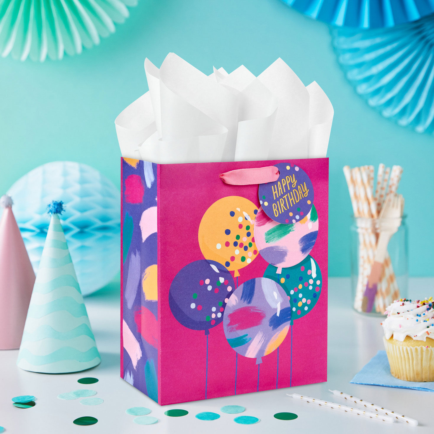 Colorful Balloons on Pink Medium Gift Bag in use image number 2