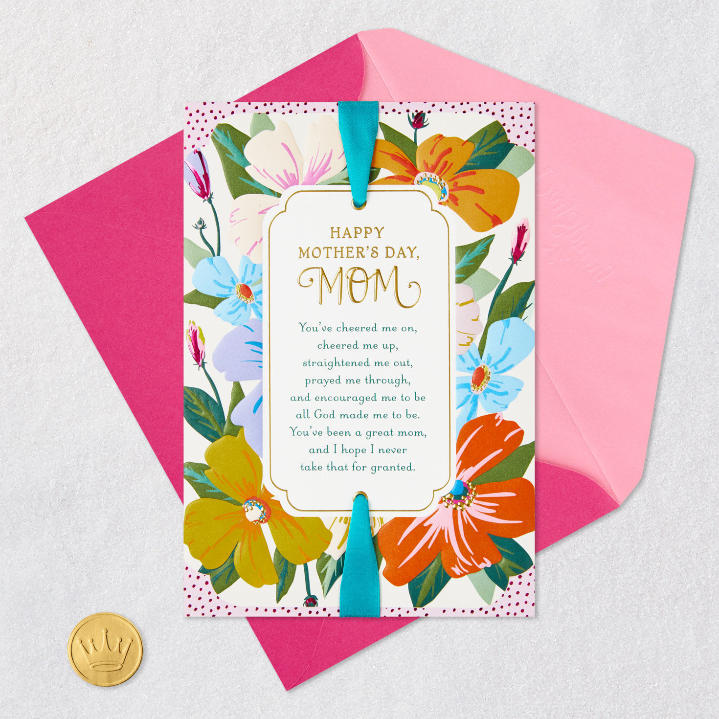 Flowers With Ribbon Mom Mother's Day Card Card Front with Envelope and Gold Seal image number 6