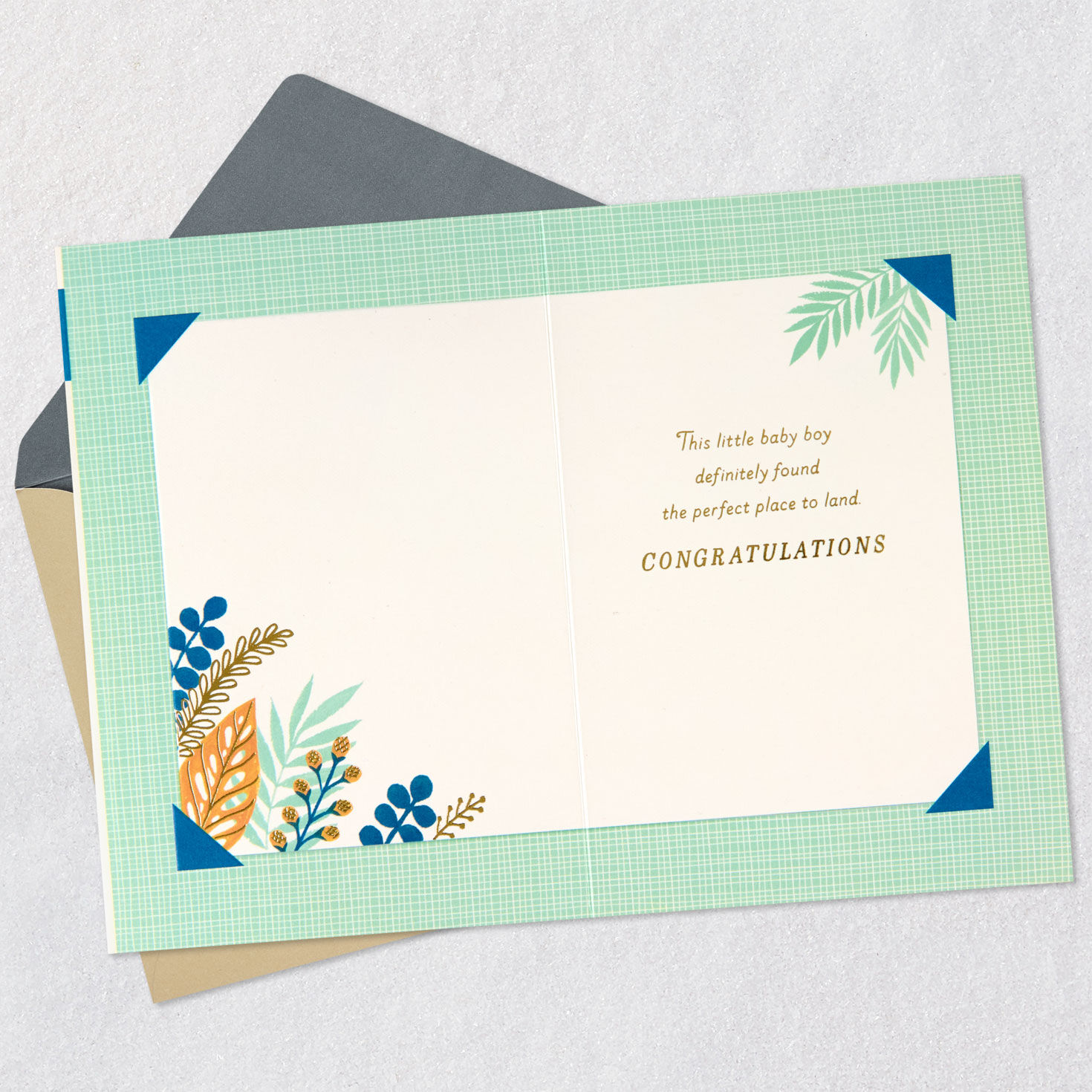 Stork and Leaves New Baby Boy Card Open card with envelope image number 3