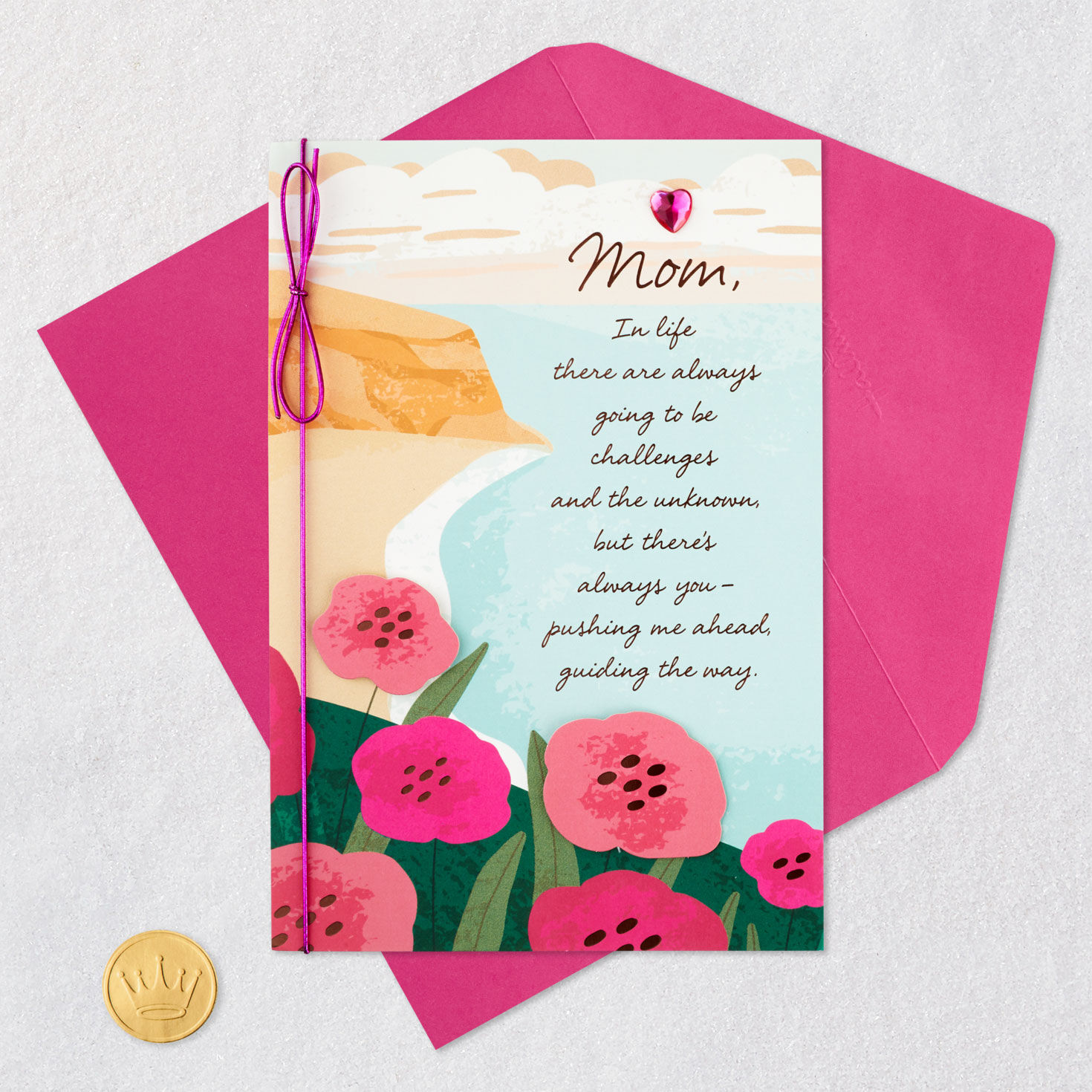 Pink Flowers and Ocean Beach Mom Mother's Day Card Card Front with Envelope and Gold Seal image number 6