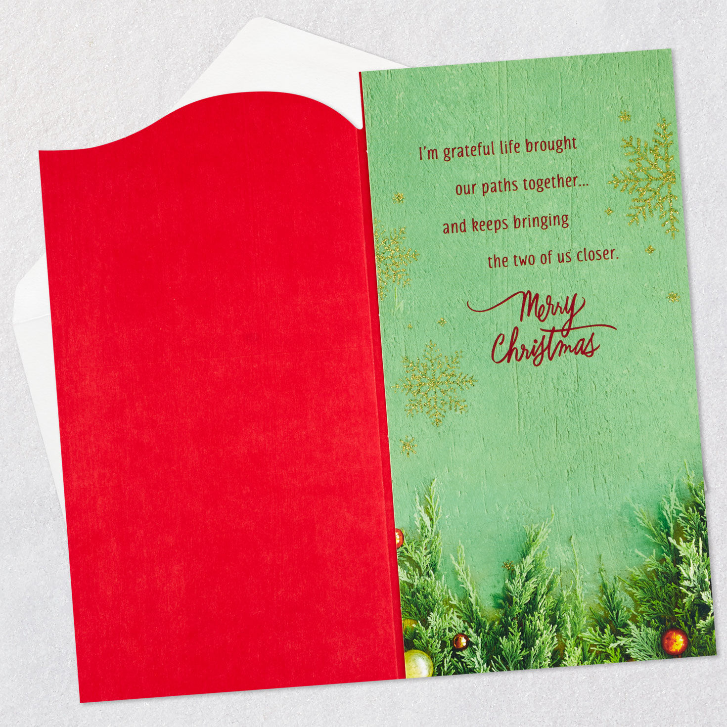 Holiday Greenery and Snowflakes Friend Christmas Card Open card with envelope image number 3