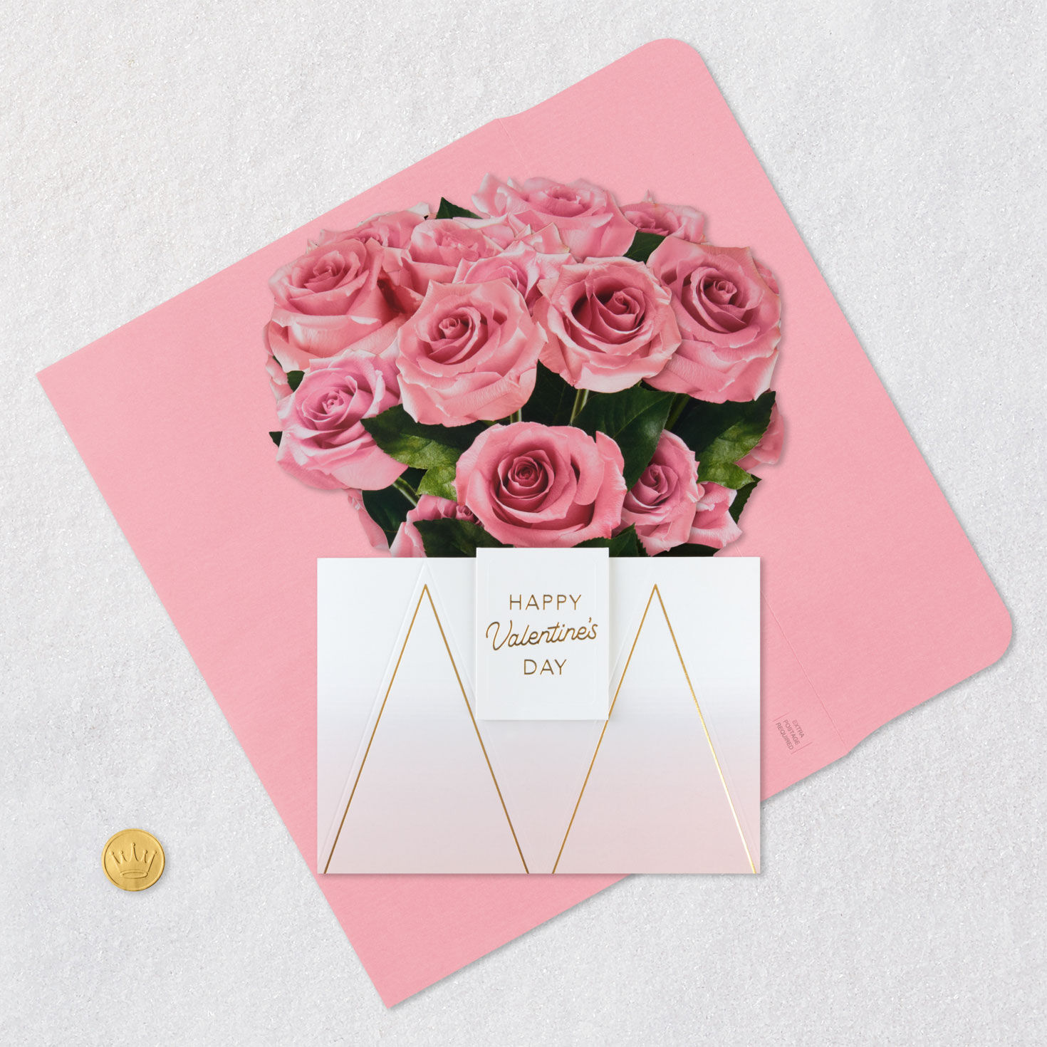 Pink Rose Paper Flower Bouquet Jumbo Pop-Up Valentine Card Front with Envelope and Gold Seal image number 5