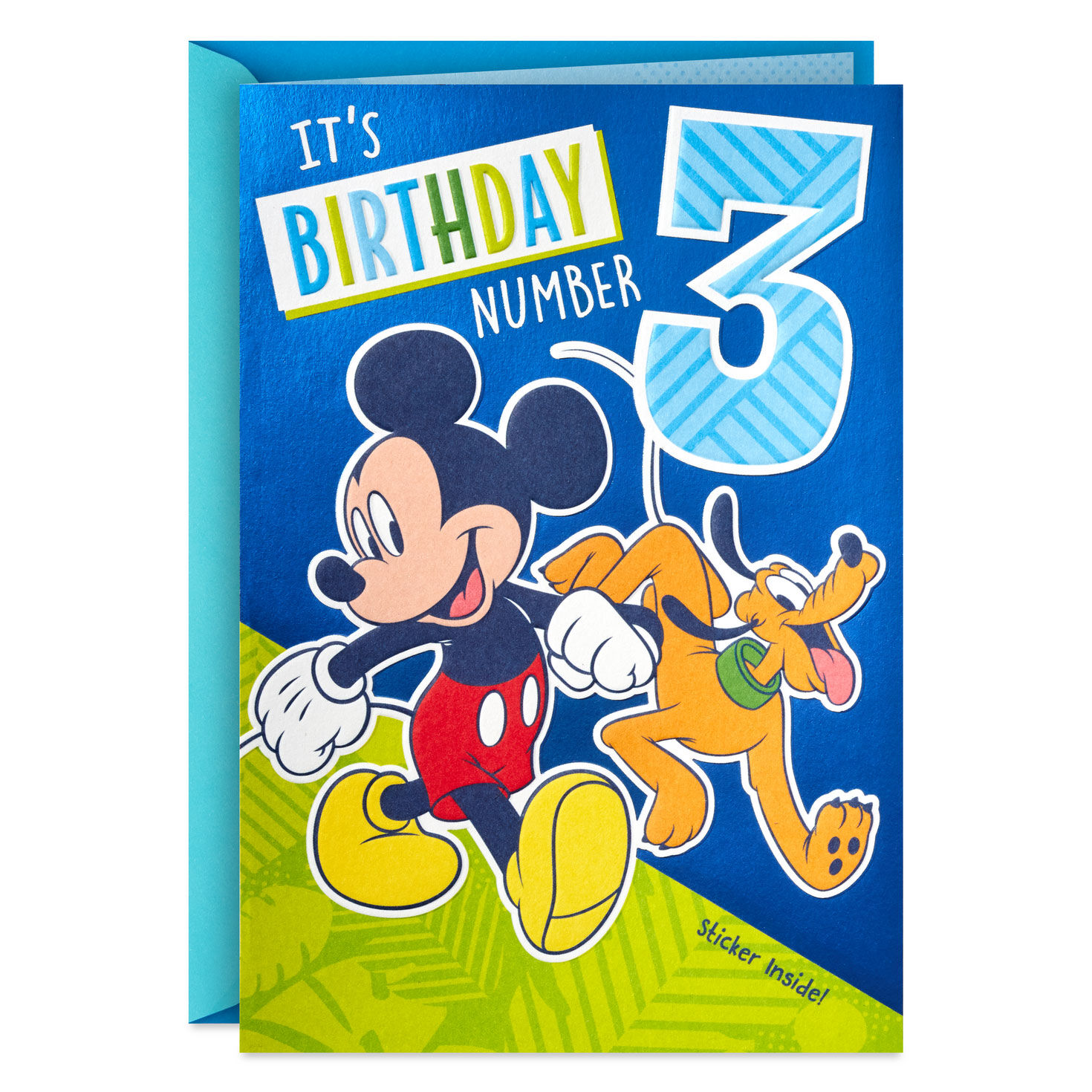 Disney Mickey Mouse and Pluto Third Birthday Card for Kid With Sticker