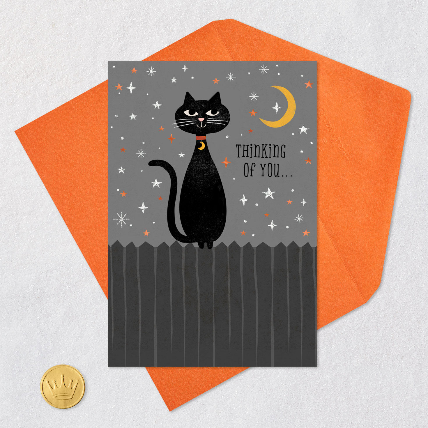 Thinking of You Black Cat Halloween Card Card Front with Envelope and Gold Seal image number 5